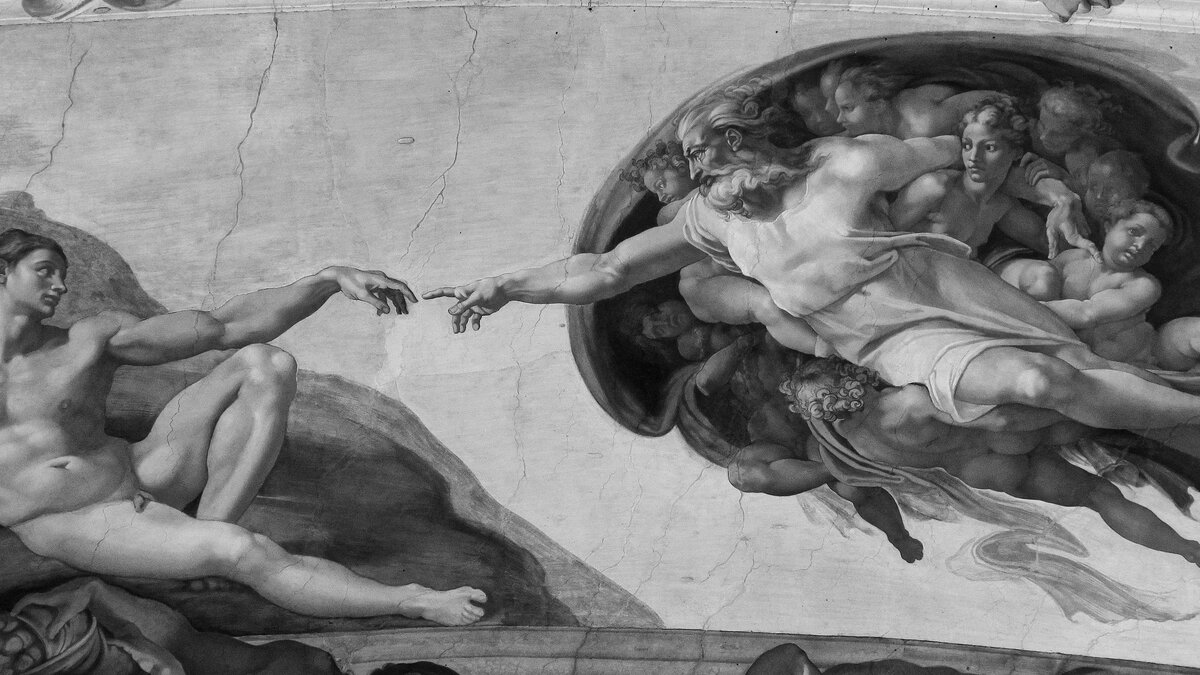 Michelangelo's Creation of Adam — two hands reaching toward each other, in black and white