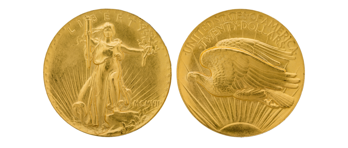 A 1907 Double Eagle gold coin showing both obverse and reverse — two sides of the same coin